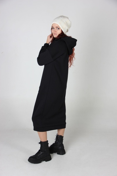 Чёрное Платье-худи с начесом и цветочным принтом в капюшоне фото