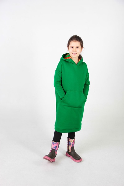 Зеленое детское платье-худи с начесом с подкладкой "Лего" в капюшоне фото