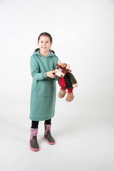 Детское платье-худи с начесом и цветочным принтом в капюшоне оттенка Полынь фото