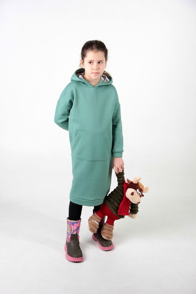 Детское платье-худи с начесом и цветочным принтом в капюшоне оттенка Полынь фото
